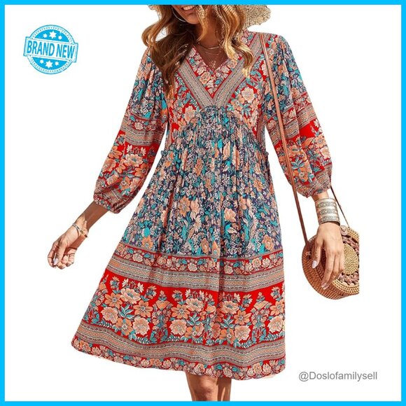Dresses & Skirts - V-Neck Flowy Boho Mini Dress 3/4 Sleeve Ruffle Detail Loose Fit Casual